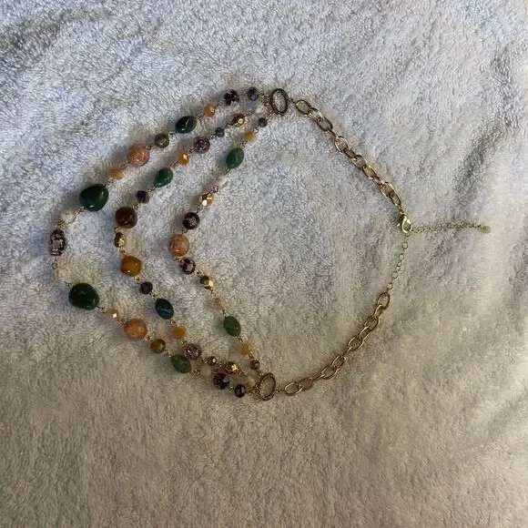 Studio 1886 Bohemian Multi-Strand Gemstone Statement Necklace Gold With Earrings - Picture 5 of 6